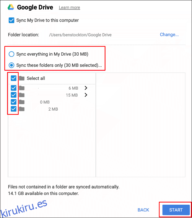 Seleccione las opciones de sincronización de su carpeta, luego haga clic en Iniciar para comenzar a sincronizar archivos entre su almacenamiento de Google Drive y su Mac