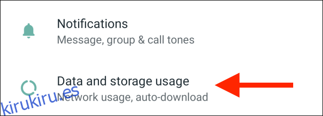 Toque la opción Uso de datos y almacenamiento en Android
