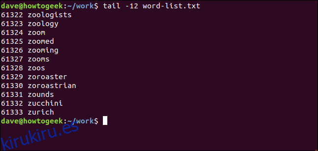 tail -12 word-list.txt en una ventana de terminal