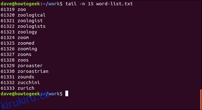 tail -n 15 word-list.txt en una ventana de terminal