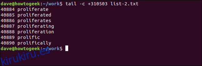 tail -c +351053 list-e.txt en una ventana de terminal