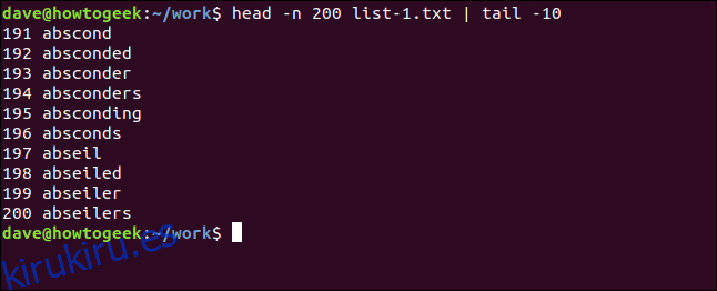 head -n 200 list-1.txt |  tail -10 en una ventana de terminal
