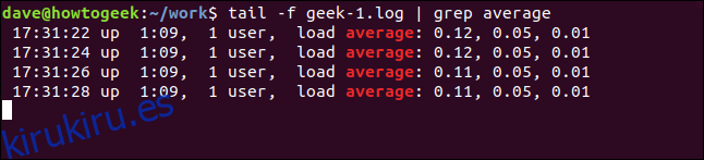 tail -f geek-1.log |  promedio de grep en una ventana de terminal