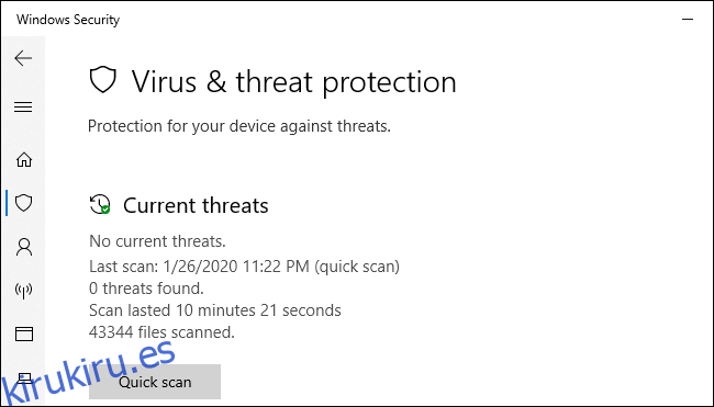 La pantalla de protección contra amenazas y virus de seguridad de Windows en Windows 10