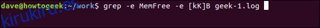 grep -e MemFree -e [kK]B geek-1.log en una ventana de terminal