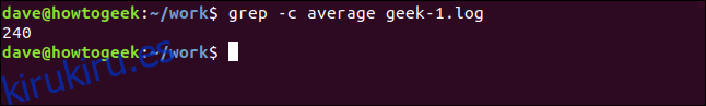 grep -c average geek-1.log en una ventana de terminal