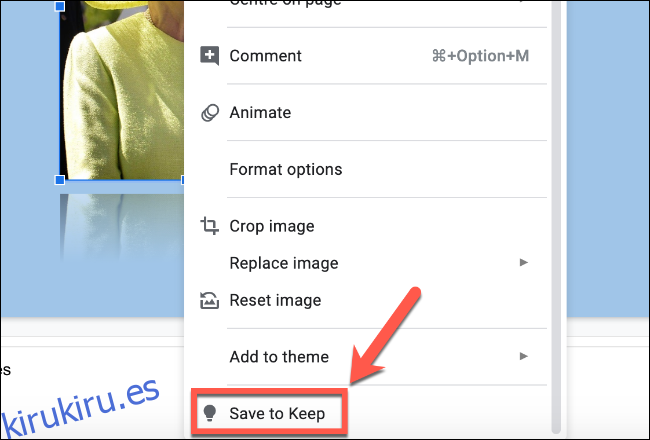 Haga clic con el botón derecho en un archivo de imagen en Presentaciones de Google y haga clic en Guardar en Keep para guardarlo en sus notas de Google Keep