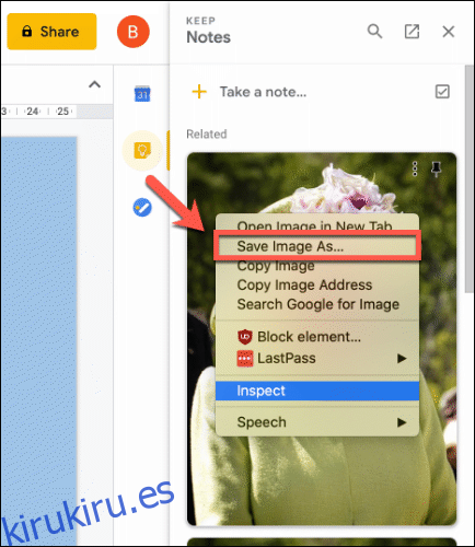 Haga clic con el botón derecho y seleccione Guardar imagen como para guardar un archivo de imagen de sus notas de Keep