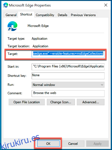 Un acceso directo personalizado de Microsoft Edge con la marca de habilitar funciones
