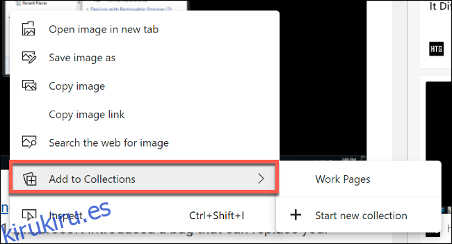 Haga clic con el botón derecho en un objeto o texto seleccionado, luego seleccione su colección en la subcategoría Agregar a la colección para agregar ese contenido a su colección de Microsoft Edge