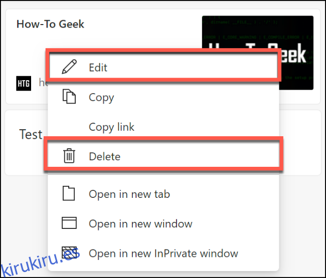 Las opciones para eliminar o editar una página web guardada en colecciones de Microsoft Edge