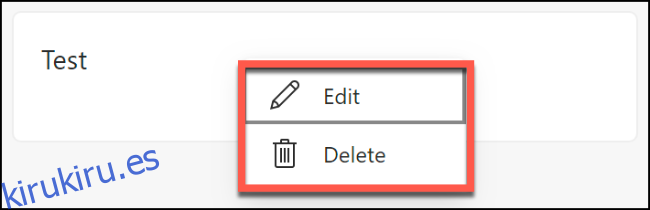Las opciones para eliminar o editar una nota guardada en una colección de Microsoft Edge