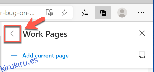 Haga clic en la flecha que apunta a la izquierda en el menú Colecciones en Microsoft Edge para volver al menú principal de funciones