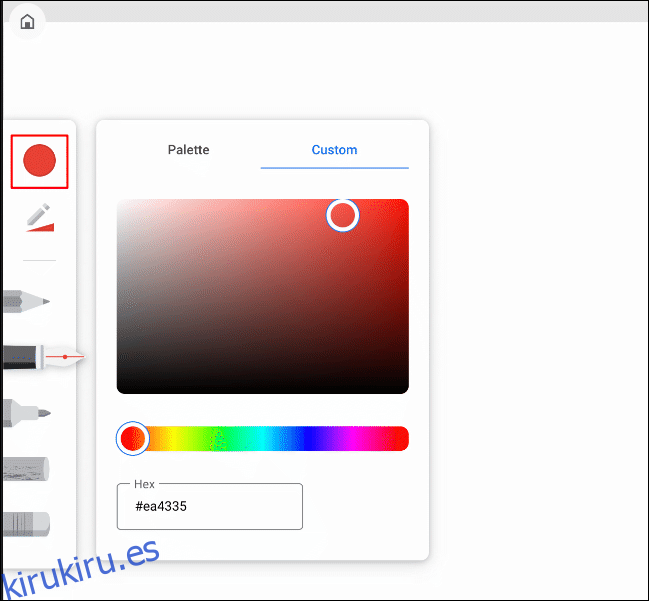 La herramienta de selección de color de dibujo en Google Chrome Canvas, con opciones mostradas