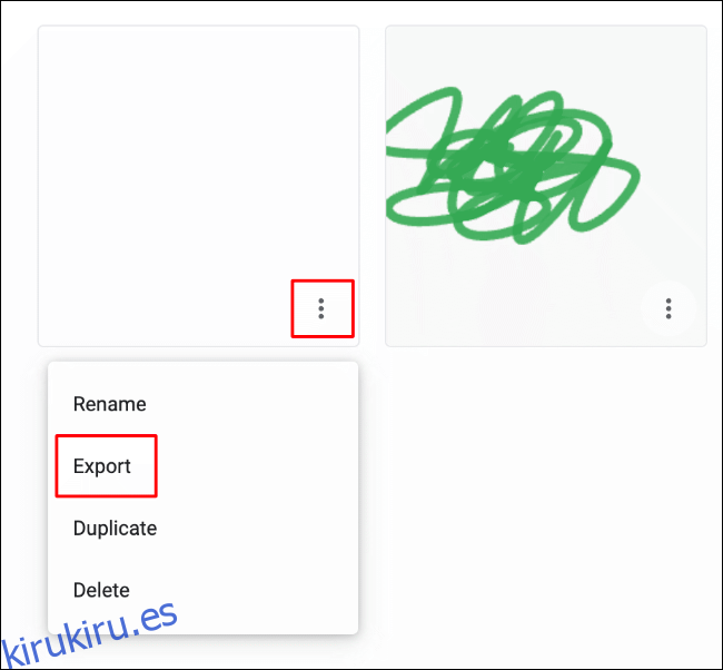 Para exportar su dibujo de Google Chrome Canvas fuera de la pantalla de edición, haga clic en el ícono de hamburguesa para el dibujo, luego haga clic en Exportar