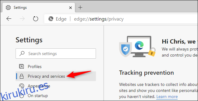 Seleccionar la configuración de Privacidad y servicios en el navegador Edge basado en Chromium.
