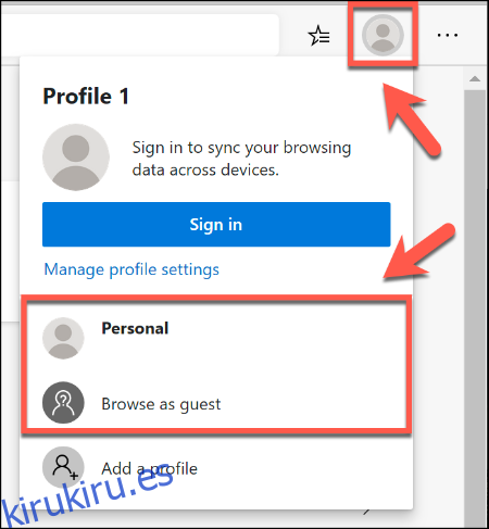 Para cambiar entre perfiles de navegador en Microsoft Edge, haga clic en el icono de perfil de usuario en la parte superior derecha, luego seleccione su perfil de la lista proporcionada
