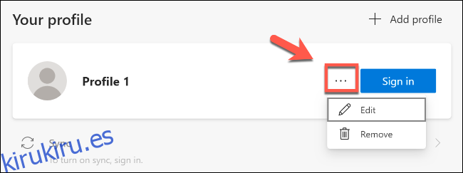Haga clic en el icono de menú horizontal para eliminar o editar un perfil en Microsoft Edge