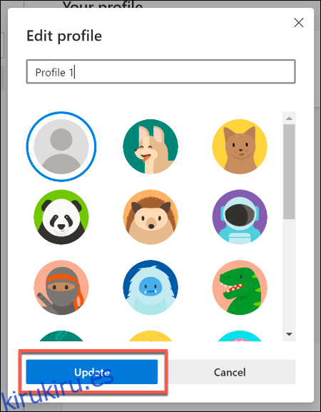 Proporcione un nuevo nombre e ícono para un perfil de usuario en Microsoft Edge, luego presione Actualizar para actualizar su configuración