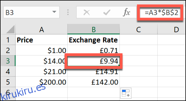 Un ejemplo de conversión de moneda manual en una hoja de cálculo de Excel.