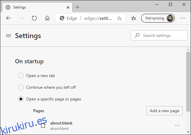 Eliminando about: blank de las nuevas páginas de inicio de Microsoft Edge