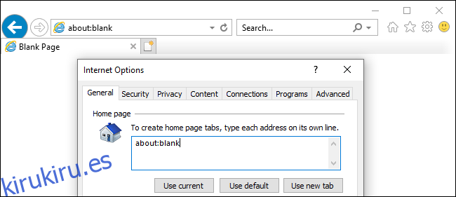 Impedir que Internet Explorer se abra con about: blank