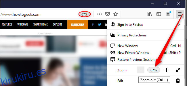 La opción de Firefox para el zoom por sitio web.