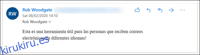 Un correo electrónico con el mensaje en español.