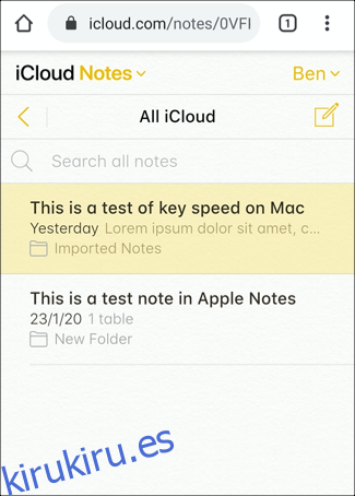 Notas de iCloud, que se muestran en Android usando el navegador Chrome
