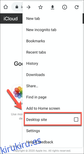 Haga clic en la opción Sitio de escritorio para deshabilitar la visualización de sitios web móviles en Chrome para Android