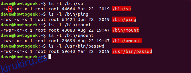 Una lista de comandos de Linux que tienen su bit SUID configurado en una ventana de terminal.
