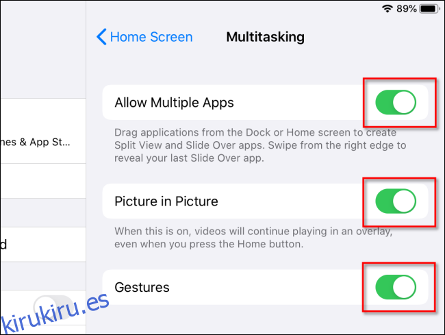 Funciones multitarea de iPadOS habilitadas