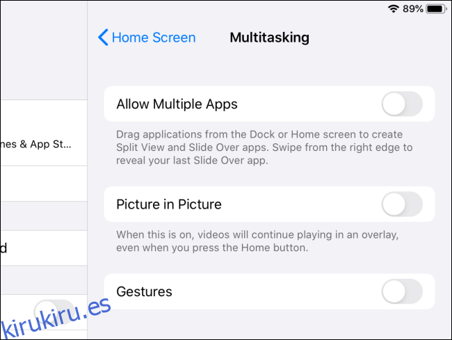 Funciones multitarea de iPadOS deshabilitadas