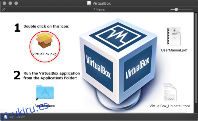 El menú del instalador de VirtualBox.