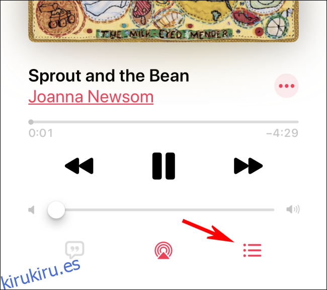Tocando el ícono Up Next en la aplicación Apple Music
