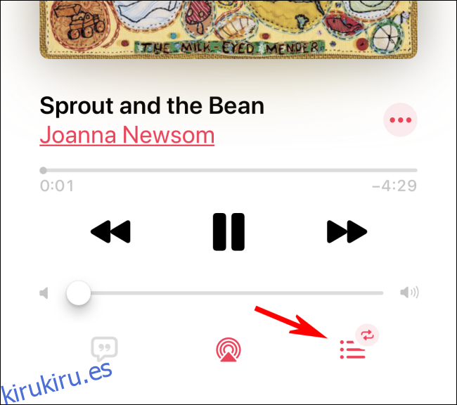 Tocando el ícono Up Next para desactivar la repetición en la aplicación Apple Music