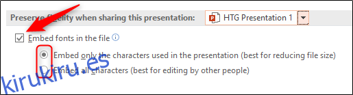 Seleccione incrustar fuentes en la opción de archivo PowerPoint Windows
