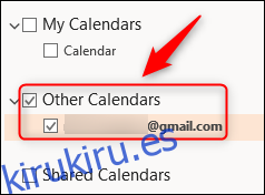 El calendario compartido que se muestra en Outlook.