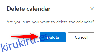 Confirmación de eliminación del calendario de Outlook Online.