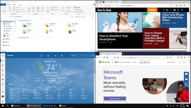 Cuatro ventanas, cada una de las cuales ocupa una cuarta parte de la pantalla en Windows 10,