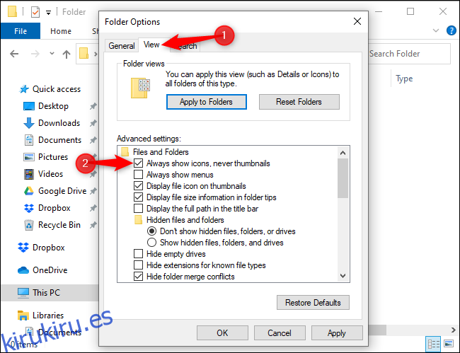 Configurar el Explorador de archivos para que siempre muestre iconos y nunca miniaturas