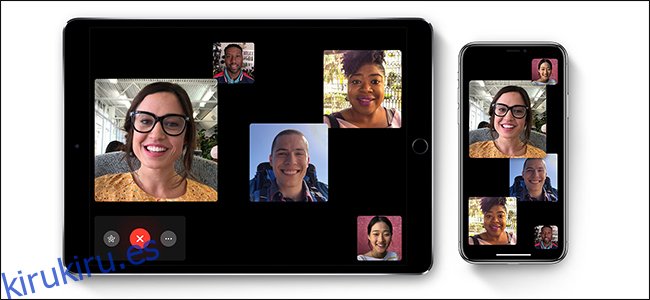 Cinco personas en una llamada FaceTime en un iPad y iPhone.