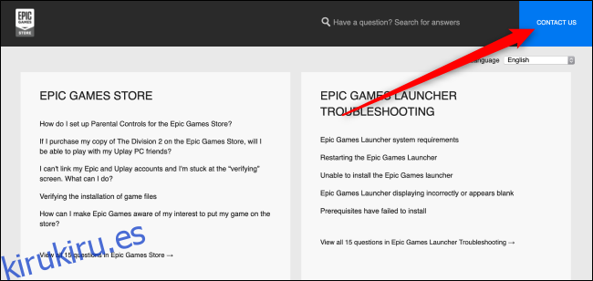 Página de ayuda de Epic Games Store