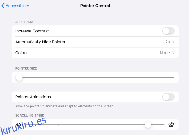 Opciones de control de puntero para cursor en iPad