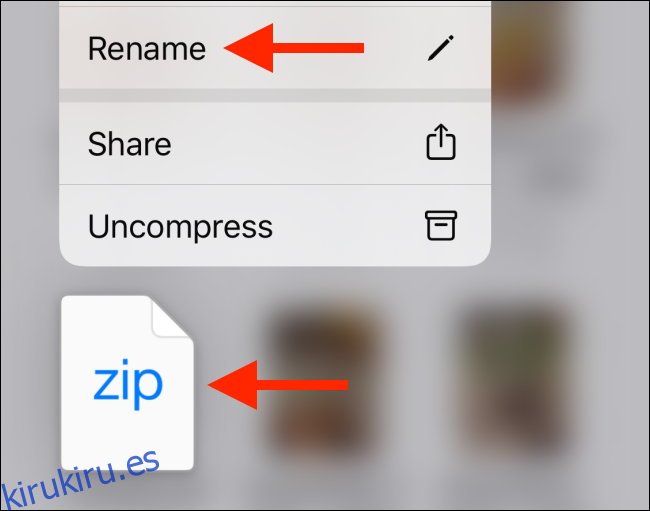 Toque la opción Cambiar nombre del archivo zip