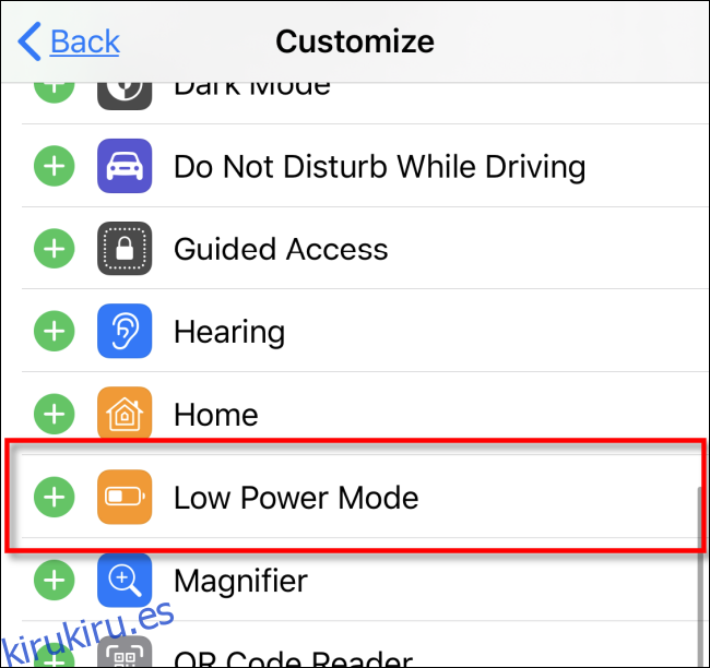 Agregue el modo de bajo consumo al Centro de control en iOS iPadOS