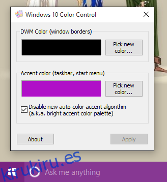 Control de color de Windows 10 -acentuado apagado