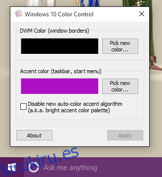 Control de color de Windows 10 - acento activado