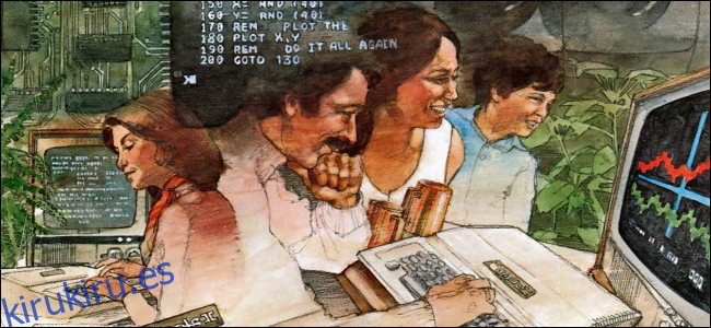 Una ilustración de personas que utilizan computadoras Apple II del 