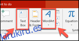 Haga clic en los botones Cuadro de texto o WordArt para insertar cualquier objeto en su presentación de PowerPoint